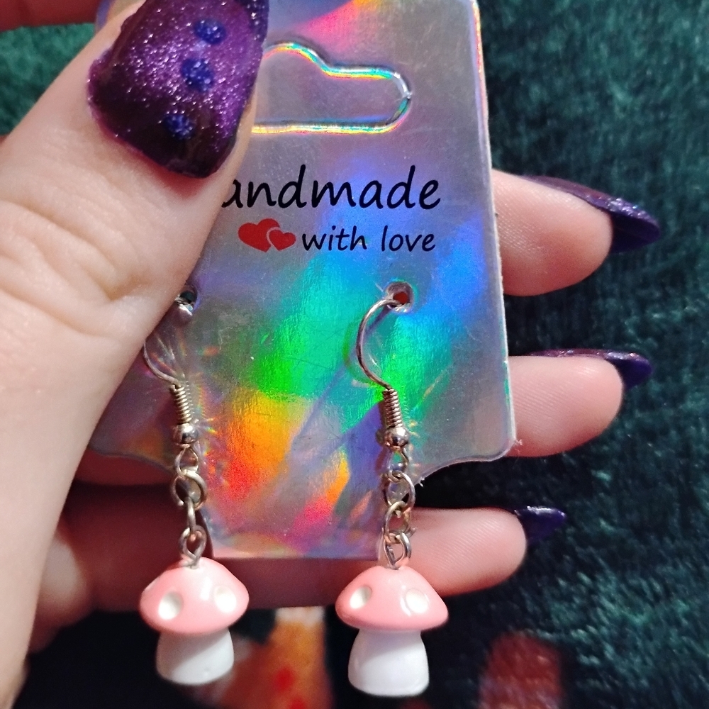 Handmade cute dangley dainty pink and white mushroom earrings